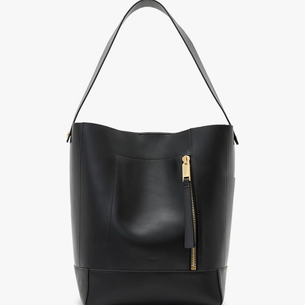 All Saints Black Leather Tote with Gold Zipper - Picture 7 of 12